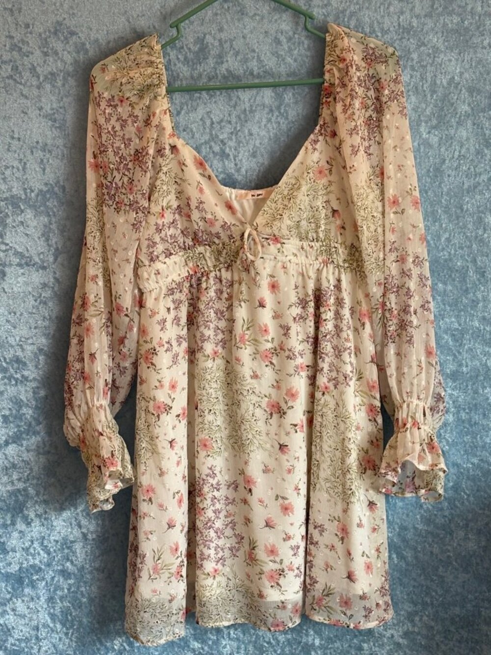 Floral Mini Dress Poet Sleeves, White and Pink, V-Neckline, Elastic Empire Waist